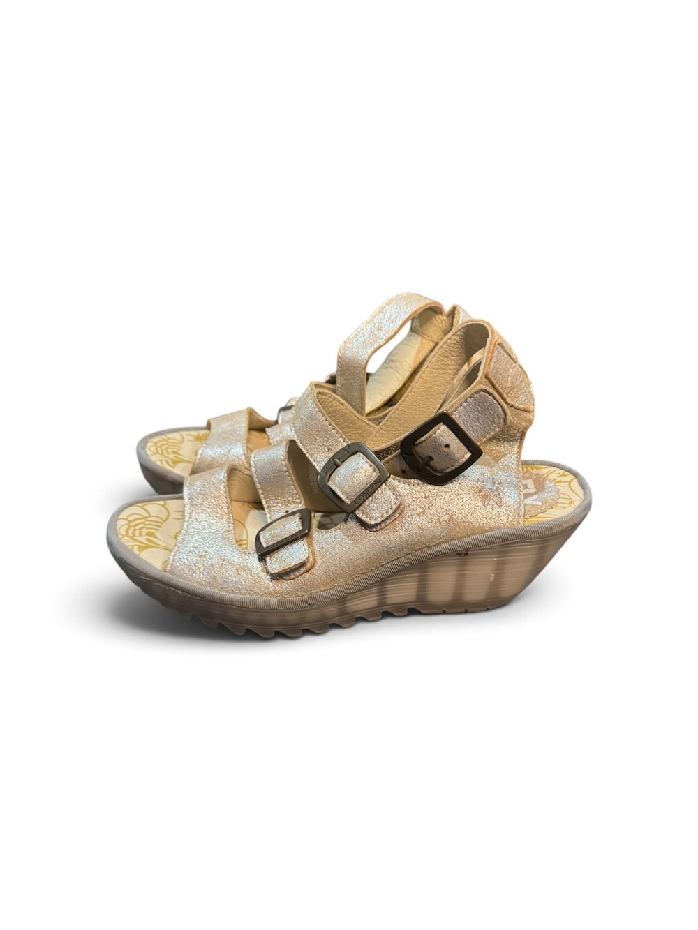 Fly London Yorn Gold Wedge Sandals
